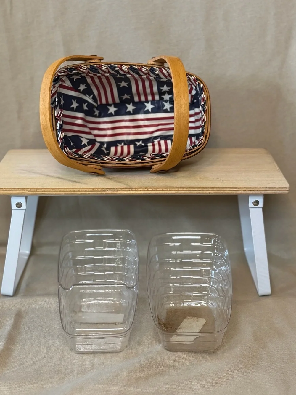 Longaberger Red, Brown, Tan Woven Basket with Fabric Liner and two protectors